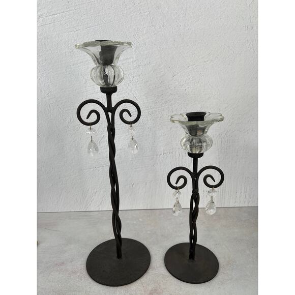 Wrought Iron Scroll Candle Holders Glass Ornate Decorative‎ Pair - Picture 1 of 10